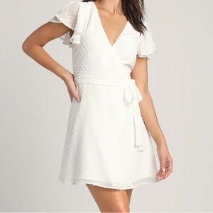 Lulus - Much to Celebrate White Swiss Dot Flutter Sleeve Wrap Mini Dress
